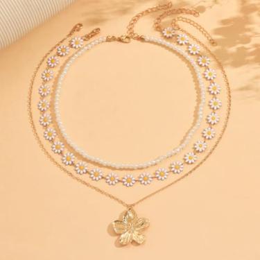 Imagem de Colar feminino de margarida em camadas, conjunto de gargantilha delicada dourada com contas de pérola, lindo colar floral de verão para presente