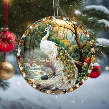 Imagem de Ornamentos de Natal de pavão pendurados, decoração de férias, decoração de acrílico, decoração de interiores de carro, enfeite de árvore de flores, artesanato para pendurar itens colecionáveis para