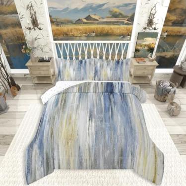 Imagem de Erosebridal Conjunto de cama solteiro com pinceladas abstratas, azul, cinza, amarelo, listrado, moderno, minimalista, estilo pintura a óleo, geométrico, estético, edredom