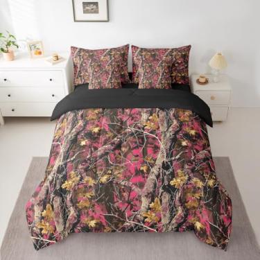 Imagem de Feelyou Conjunto de cama de casal com estampa camuflada de madeira rosa, 7 peças, em uma bolsa com edredom, lençóis, fronhas, conjunto de cama rústica, para decoração de casa de fazenda e quarto