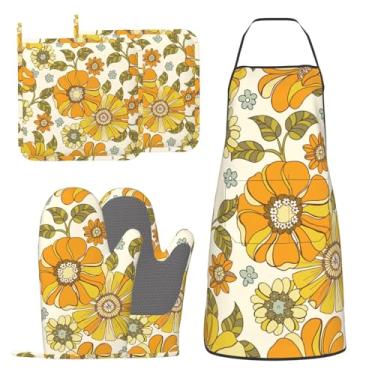 Imagem de HEROARMOUR Avental de cozinha estilo retrô dos anos 70 com luvas de cozinha antiderrapante, resistente ao calor para cozinheiros, cozinhar, grelhar, churrasco