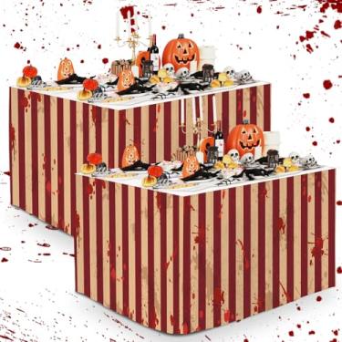 Imagem de Saia de mesa listrada para festa de Halloween sangrenta 2 peças de saias de mesa assustadoras para carnaval de Halloween, dia das bruxas, circo sangrento, tema assustador, festa, decoração de festa