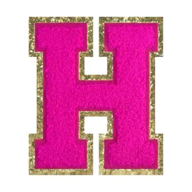 Imagem de 1 peça de patch de letra de chenille rosa de 11,4 cm com borda dourada – Remendos do alfabeto para roupas, jaquetas, mochilas, chapéus para decoração personalizada, nome personalizado e artesanato. (H