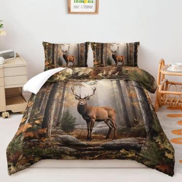 Imagem de AILONEN Conjunto de edredom de veado rústico, casal, 3 peças, vintage, alce com 2 fronhas, conjunto de colcha de animais de caça para crianças, adolescentes e adultos