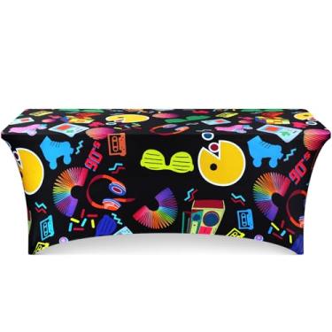 Imagem de Oudain Toalha de mesa de festa dos anos 90 de 1,8 m, elástico, elastano, anos 80, 90, suprimentos de decoração para mesas dobráveis padrão, tema hip hop, festa de aniversário, protetor retangular