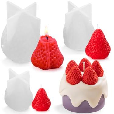 Imagem de 3 moldes de vela 3D para decoração de morango, kit de velas perfumadas românticas, molde de silicone, velas de aromaterapia, moldes de silicone para artesanato, decorações fofas de morango, molde de