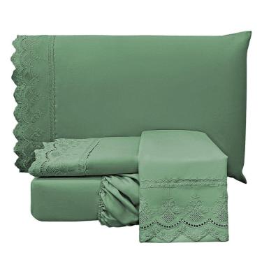 Imagem de Jogo De Cama Lençol Realce King 4 Peças Percal 300 Fios Bordado Inglês Macio - Verde Esmeralda
