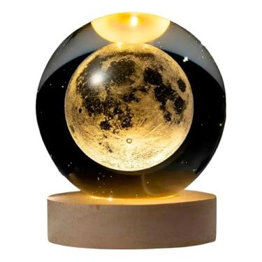 Imagem de Luminária de Mesa Decorativa Led Globo Esfera Cristal Base Madeira Galáxias Planetas Lua