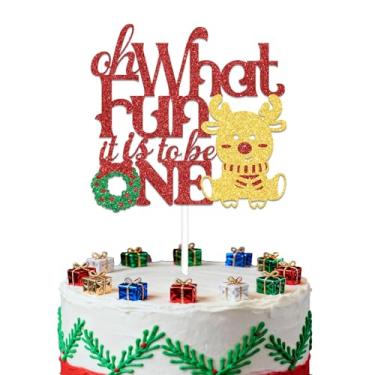 Imagem de Oh What Fun It Is to Be One Cake Topper Christmas 1st Birthday Party Decoration Winter Santa Baby First Birthday Decoration Red Glitter
