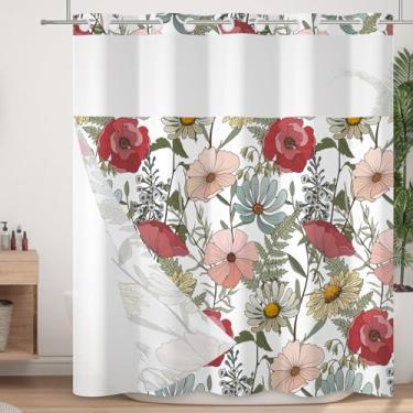 Imagem de Velaequezii Cortina de chuveiro sem gancho com forro de encaixe, linda cortina de banho de flores desabrochando com camada dupla, tecido lavável à prova d'água com janela superior de malha
