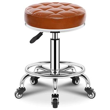 Imagem de Banqueta giratória ajustável em altura para salões de beleza, cadeira redonda com rodinhas de couro PU para trabalho, SPA, loja, salão, bancos, com rodas, cadeira de escritório, bege (bronzeado)