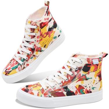 Imagem de Obtaom Sapatos femininos e masculinos de lona de cano alto, tênis fashion de cano médio casual com cadarço, cano alto, sapatos de lona lavados, Vermelho/rosa, 37/38 BR