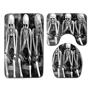 Imagem de Tapetes de banheiro de três peças com caveira, tapetes decorativos de banheiro 3D e tapetes de tampa de vaso sanitário, laváveis na máquina e antiderrapantes, banheiro, banheira, chuveiro