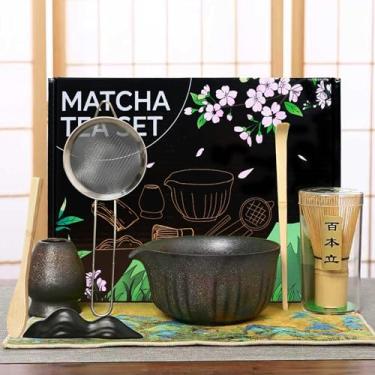 Imagem de Conjunto de 8 peças de batedor Matcha, tigela Matcha com bico, batedor de bambu, colher de bambu, suporte de cerâmica e peneira inoxidável para amantes de chá Matcha