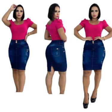 Imagem de Saia Jeans Com Lycra Moda Evangélica, Azul escuro, 40