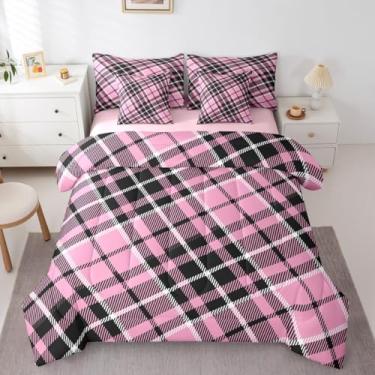 Imagem de Feelyou Conjunto de edredom xadrez de búfalo rosa e preto com 7 peças, tamanho casal, para crianças, meninos, meninas, vintage, decoração de quarto, microfibra leve e macia