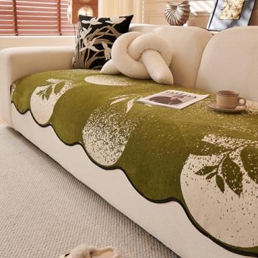 Imagem de HGTRH Capa de sofá 4,5 cm, 4 lugares, em forma de L, simples, listrada, de chenille, antiarranhões, design de borda irregular, antiderrapante, verde, 110 x 110