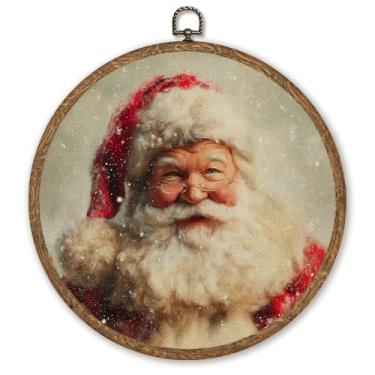 Imagem de WMSYUO Arte de parede redonda de Papai Noel, impressão em tela vintage de casa de fazenda, 25 x 25 cm, pintura clássica de Papai Noel para decoração de casa de Natal ou presente para amigos familiares