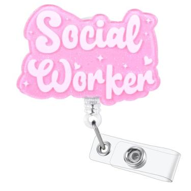 Imagem de Carretel de crachá engraçado de assistente social rosa, bonito SW retrátil porta-crachá de trabalho médico, crachá de nome Buddy para RN CNA LPN MA enfermeira estudante de enfermagem professor médico