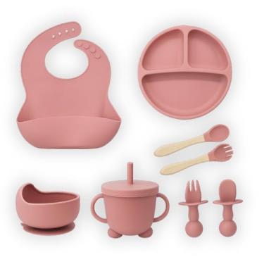Imagem de Kit Introdução Alimentação Bebê 8 Peças em Silicone com Ventosa – Colher, Garfo, Copinho e Pratinho Atóxicos, Sem Pontas, Livre de BPA - Qualidade Premium LNSTORE (Rosa)