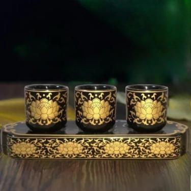 Imagem de FENNYYAR 3 peças com base budista santuário consagrar copo de água benta doméstico, 4,6 cm 4,7 cm, oferecendo copo de água de Buda Deus da Riqueza ornamento de lótus