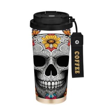 Imagem de STAYTOP Copo de café de aço inoxidável de 500 ml, caneca de café de viagem com isolamento de caveira fofa com tampa, xícara de café à prova de derramamento, copos portáteis reutilizáveis para bebidas