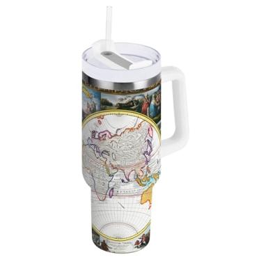 Imagem de Kigai Copo de 1,134 g com alça, copo com isolamento de mapa do mundo colorido com tampa e canudo, garrafa de água esportiva grande de metal, caneca de café de viagem de aço inoxidável
