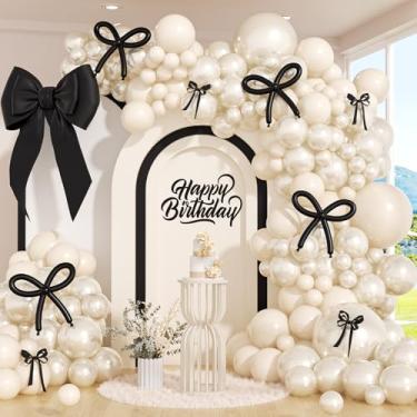 Imagem de Kit de arco de balão branco pérola com balões de pérola branca para noivado, chá de panela, casamento, laço preto, decorações de festa de aniversário