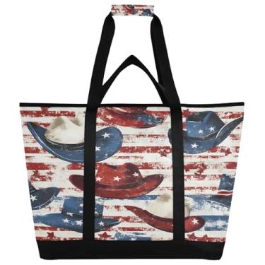 Imagem de Qilmy Chapéu de cowboy estilo bandeira americana grande bolsa térmica térmica, sacos de supermercado reutilizáveis de cozinha, à prova de vazamento, lancheira portátil à prova de vazamento, sacola