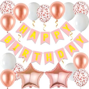 Imagem de Rose Gold Birthday Decorations, Happy Birthday Banner with Star Balloons, 12 Inch Balloons with 2 Ribbons for Woman Party Decorations (Rose Gold)