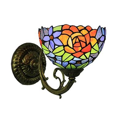Imagem de Arandela de parede estilo Tiffany, com vitrais florais, design retrô americano com espelho frontal, ideal para quarto, cabeceira, corredor e varanda, 20 cm (8 polegadas), cor rosa.