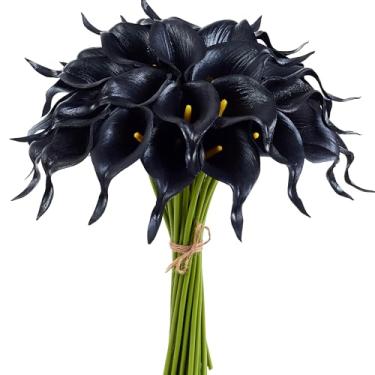 Imagem de AWARDSEN Lírio de calla artificial, 12 peças, flores falsas pretas de toque real para buquê de casamento, chá de noiva, decoração de mesa de cozinha para casa de primavera, lírios falsos para centros