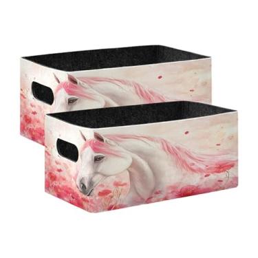 Imagem de Burbuja Caixa de armazenamento dobrável de cavalo branco com alças – Caixa de armazenamento de feltro para organizar brinquedos, livros, maquiagem, panos, meias em prateleira, armário, quarto, 2