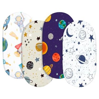 Imagem de Pacote com 4 lençóis macios para berço para meninas, meninos, respirável, aconchegante, adequado para ampulheta, retangular, cama de cabeceira (planeta espacial)