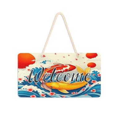 Imagem de Burbuja Placa de boas-vindas de peixe de ouro vermelho japonês para porta da frente, placa de boas-vindas de PVC para decoração de férias, 15 x 28 cm