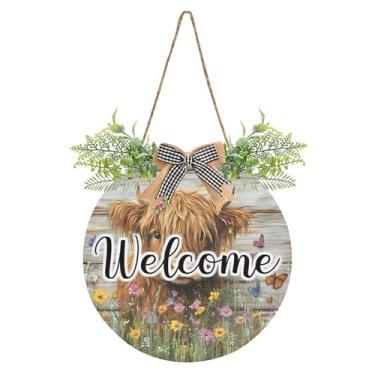 Imagem de Burbuja Placa de boas-vindas de madeira com flores silvestres de vaca para decoração de porta da frente, placa de boas-vindas pendurada com flor para porta, parede, casa, casa de fazenda, varanda