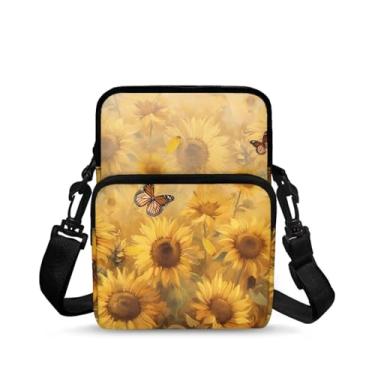 Imagem de CLOHOMIN Bolsa mensageiro pequena para mulheres e homens, bolsa para celular, carteira, bolsas pequenas da moda, pochete bolsa mensageiro, Girassóis e borboletas