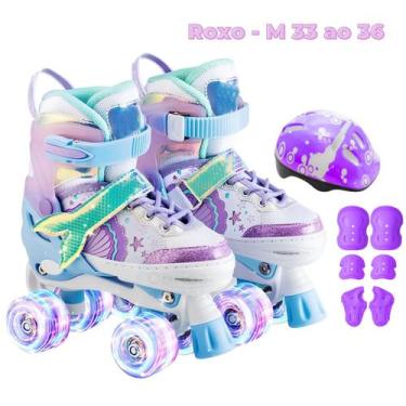 Imagem de Patins Infantil 4 Rodas Ajustável Rodinha Led Sereia + Kit Proteção - 
