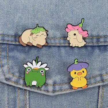 Imagem de Conjunto de 4 peças de alfinetes de esmalte de animais fofos kawaii desenho kawaii sapo pintinho coelho gato broche colecionável exclusivo para mochila, jaqueta, colete jeans