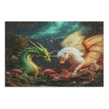 Imagem de Quebra-cabeças adultos dragão unicórnio 500 peças, quebra-cabeças difíceis para adultos com letras na parte de trás