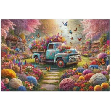 Imagem de Quebra-cabeça de jardim caminhão de flores 500 peças presentes para adultos jogo elefante branco quebra-cabeças duros arte decoração pintura, 50 x 37 centímetros