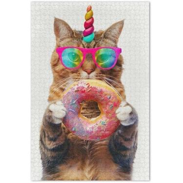 Imagem de Quebra-cabeças adultos de gato engraçado com chifre de unicórnio arco-íris e quebra-cabeça colorido, 1000 peças, brinquedo artístico, pintura, quebra-cabeças duros para adultos, presentes engraçados