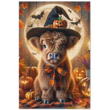 Imagem de Quebra-cabeça Highland Cow Halloween Abóbora Adultos 1000 peças presentes de tecnologia de jogo divertido brinquedo adulto arte pintura a óleo, 75 x 40 centímetros