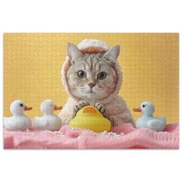 Imagem de Quebra-cabeça fofo de gato e pato 1000 peças para adultos, engraçado, legal para adultos, brinquedo de arte