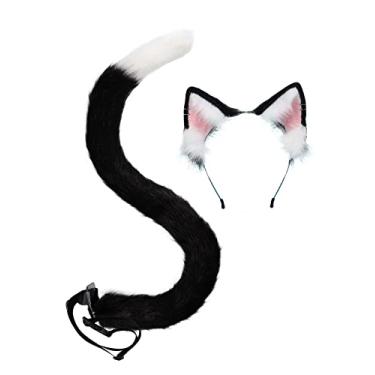 Imagem de Conjunto de orelhas de gato e cauda de raposa cosplay fantasia animal faixa de cabeça peluda acessório de Halloween