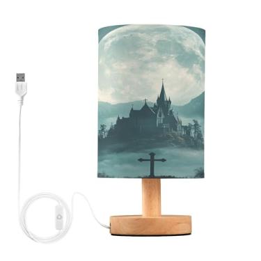 Imagem de Joisal Luminária noturna pequena de morcegos cercados de castelo assustador, luz de mesa pequena com abajur decorativo de linho, decoração de dormitório