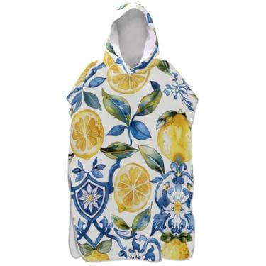 Imagem de Joisal Roupão Siciliano Limão Branco Azul Trocador para Adultos Poncho de Surfe Praia Moletom Toalha Floral Leve Unissex Adulto Poncho com Capuz