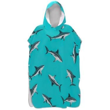 Imagem de Joisal Poncho de surfe trocador de roupão adulto com capuz toalha de banho reutilizável ponchos de praia para homens tubarões fofos turquesa