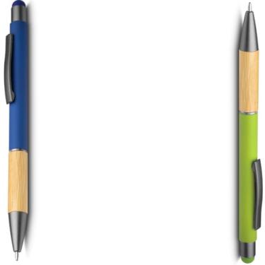 Imagem de Caneta esferográfica em alumínio reciclável com escrita em azul. Detalhe em bambu. Refil parker e ponta touch emborrachada design moderna (Azul e Verde)