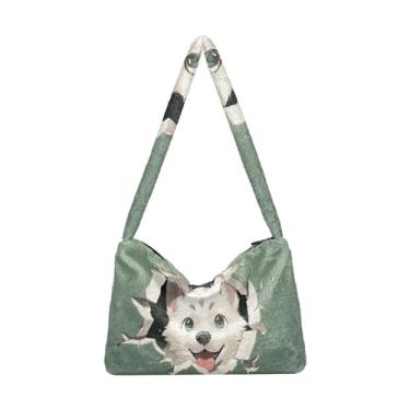 Imagem de Lindo dragão com bolsa de pelúcia vermelha e azul, bolsas femininas para livros, bolsas de outono, Cute Dog Behind Green Paper, One Size